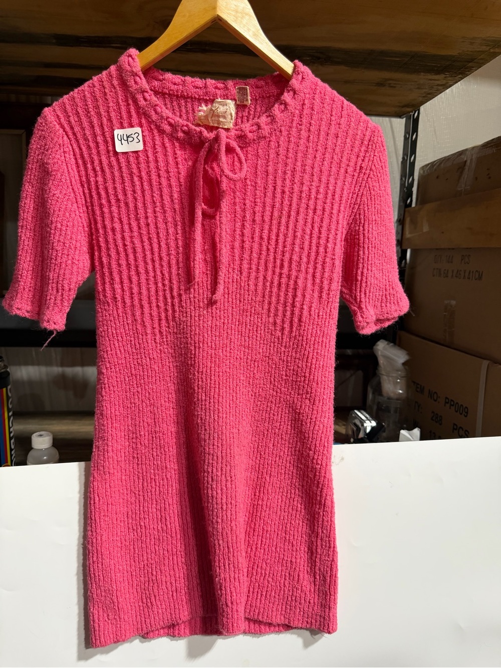 #4453-Tami’s  Pink Ribbed Tie-Neck Short Sleeve Mini Dress